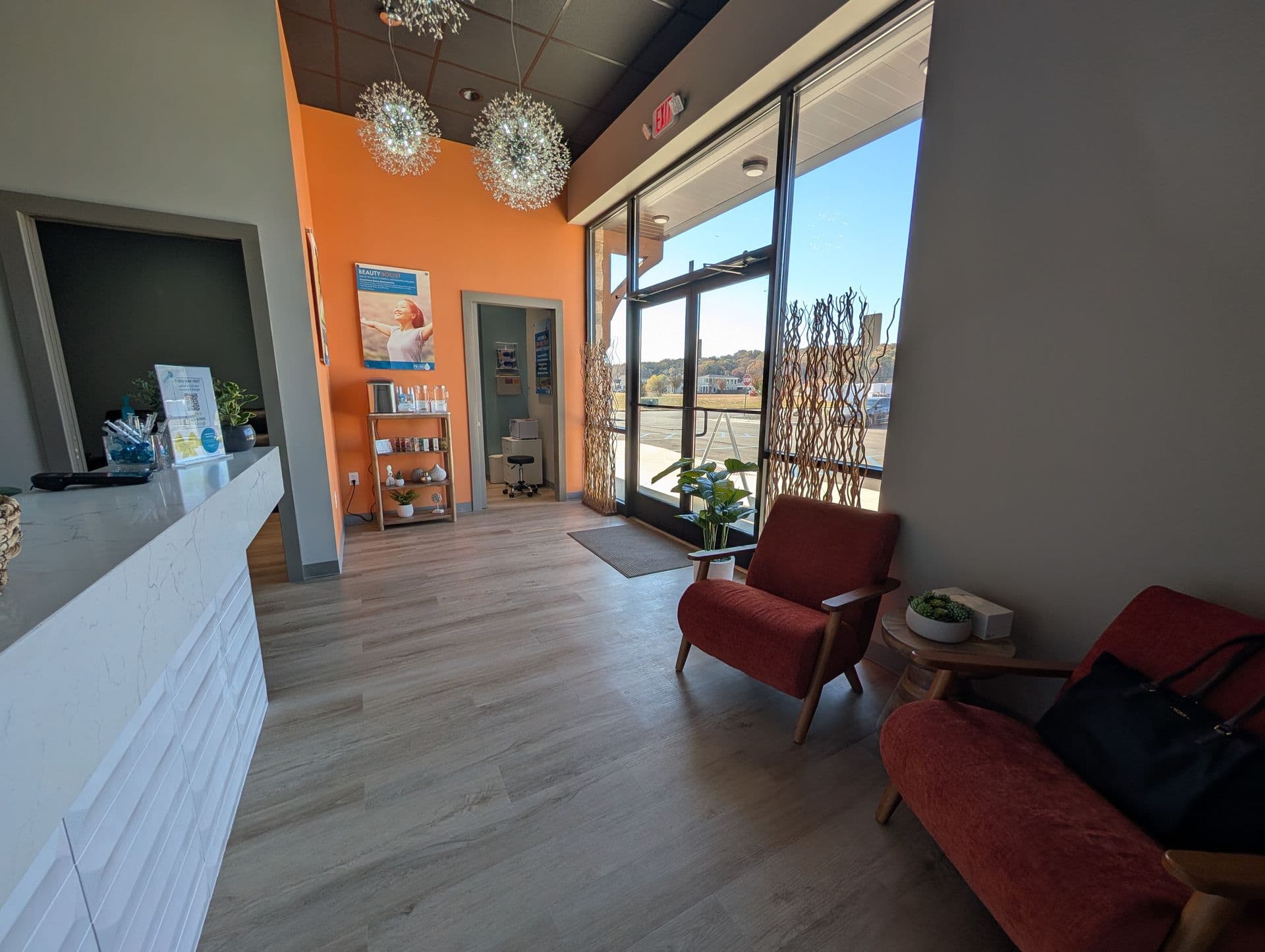 The bright, welcoming lobby and waiting area at Prime IV Hydration & Wellness